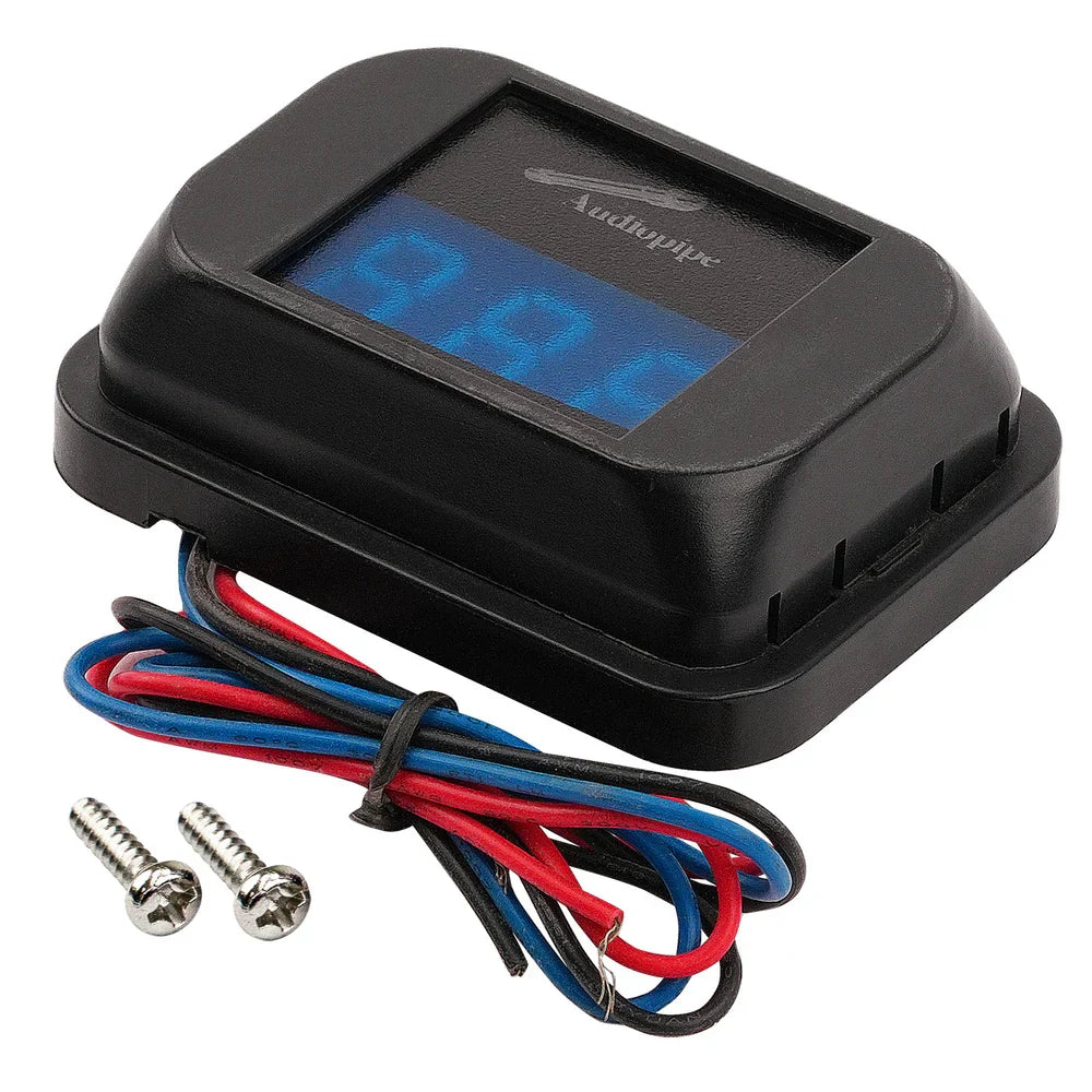 Audiopipe digital voltage meter with blue LCD and attached multicolor power wiring