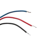 Digital voltage meter wiring leads with blue, red, and black cables with stripped ends