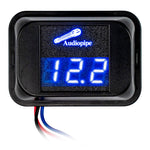 Audiopipe digital voltage meter with blue LCD display reading 12.2V in black case