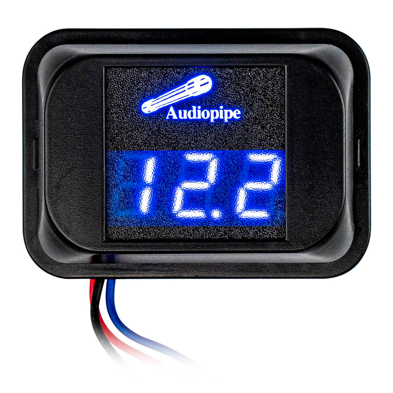 Audiopipe digital voltage meter with blue LCD display reading 12.2V in black case