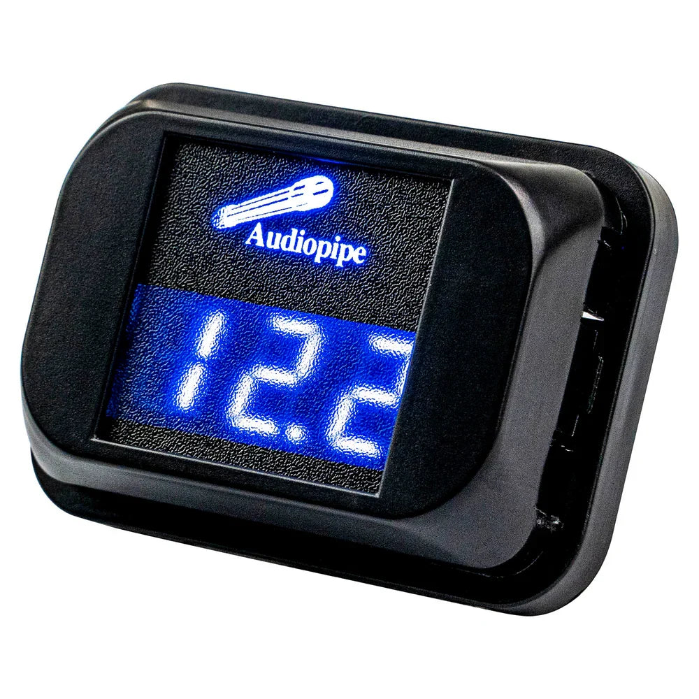 Audiopipe digital voltage meter angled view with blue LCD showing 12.xV, black case