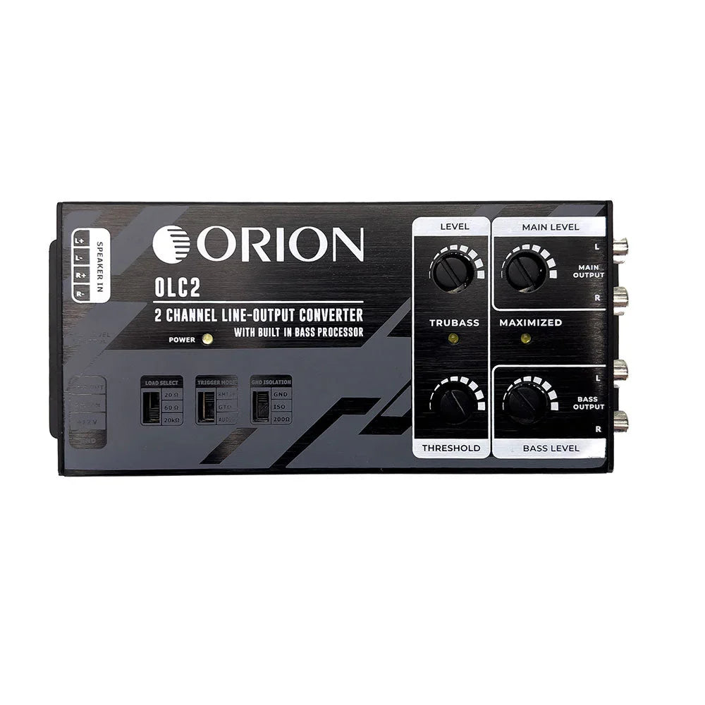 2-channel line-out audio converter with bass processor, black unit with control knobs