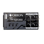 2-channel line-out audio converter with bass processor, black unit with control knobs