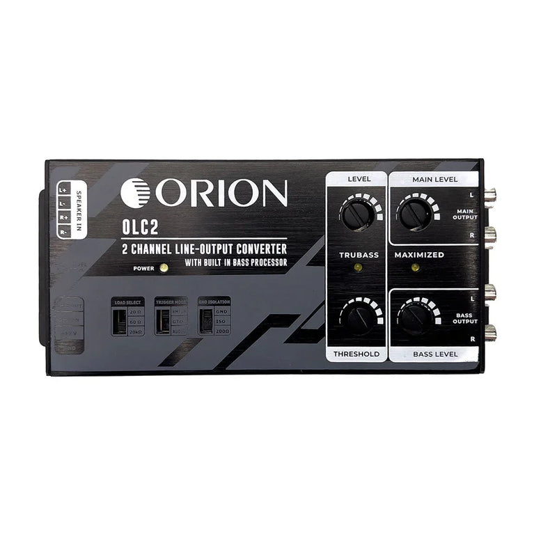 2-channel line-out audio converter with bass processor, black unit with control knobs