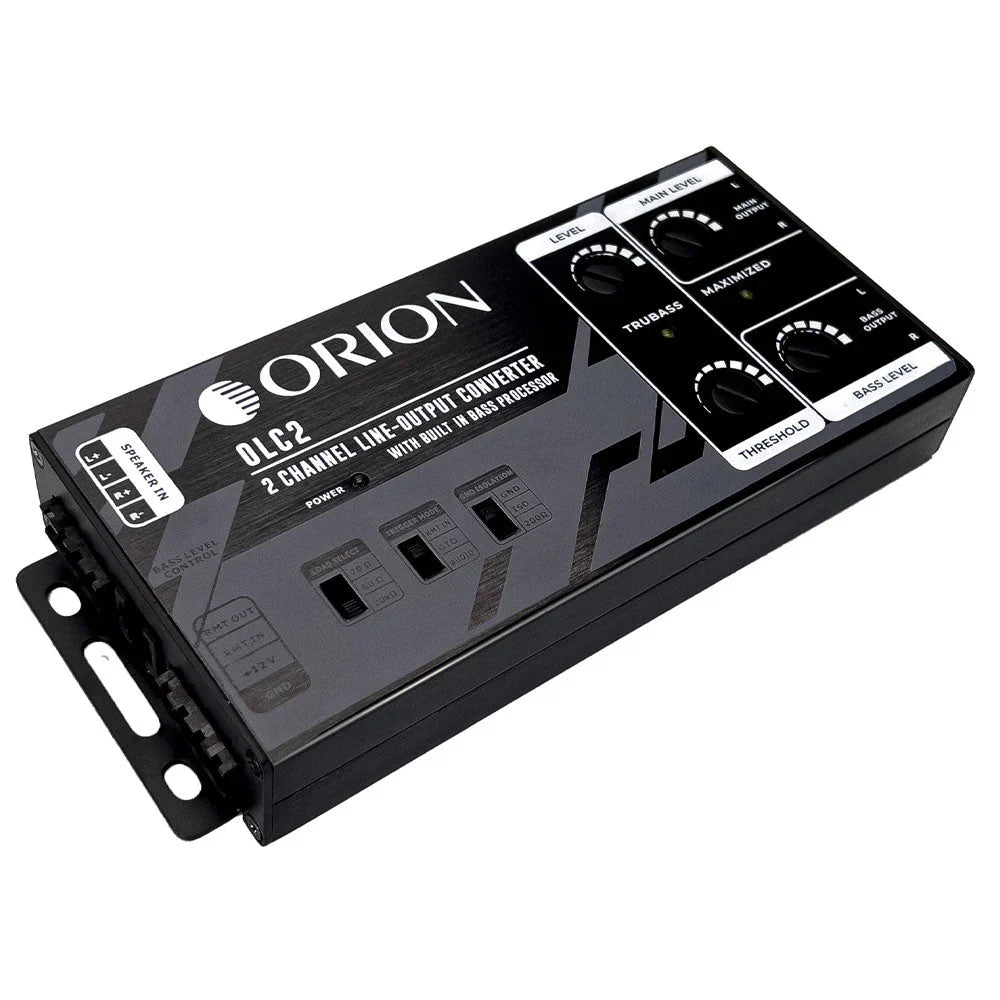 Black 2-channel line-out converter with bass processor, front panel and labels