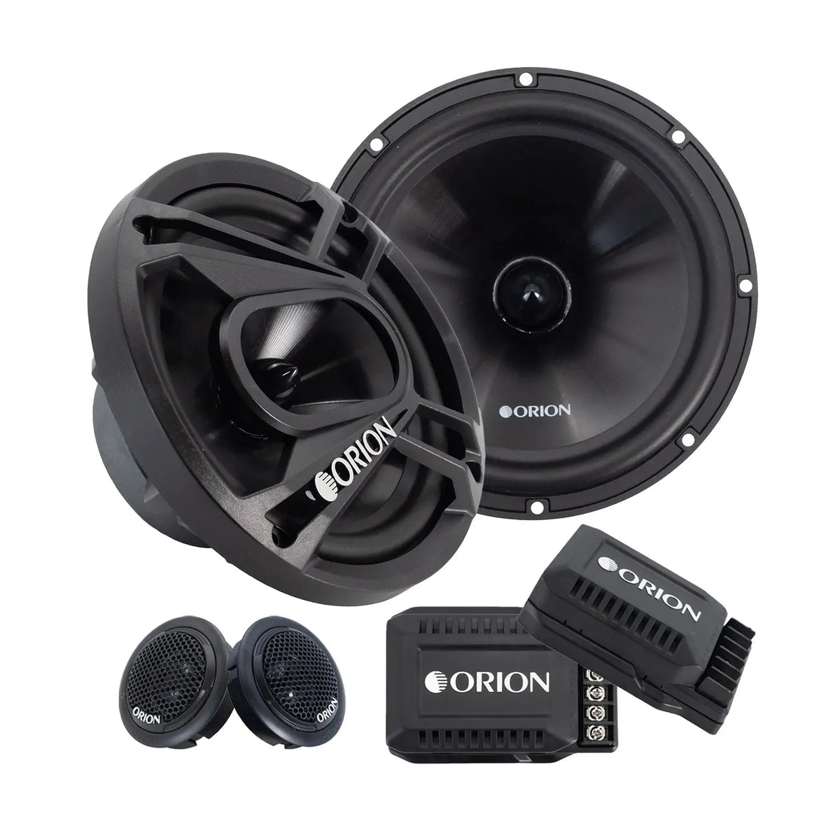 Black 6.5-inch component speaker pair with tweeters and crossover network, Orion branding