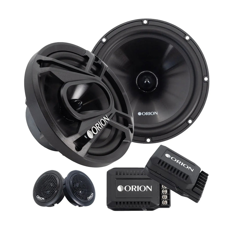 Black 6.5-inch component speaker pair with tweeters and crossover network, Orion branding