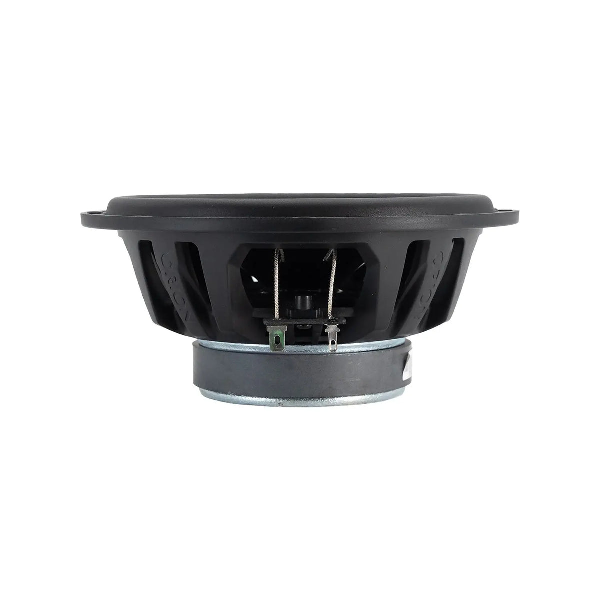 Black 6.5-inch woofer speaker with metal mounting ring and rear wiring terminals