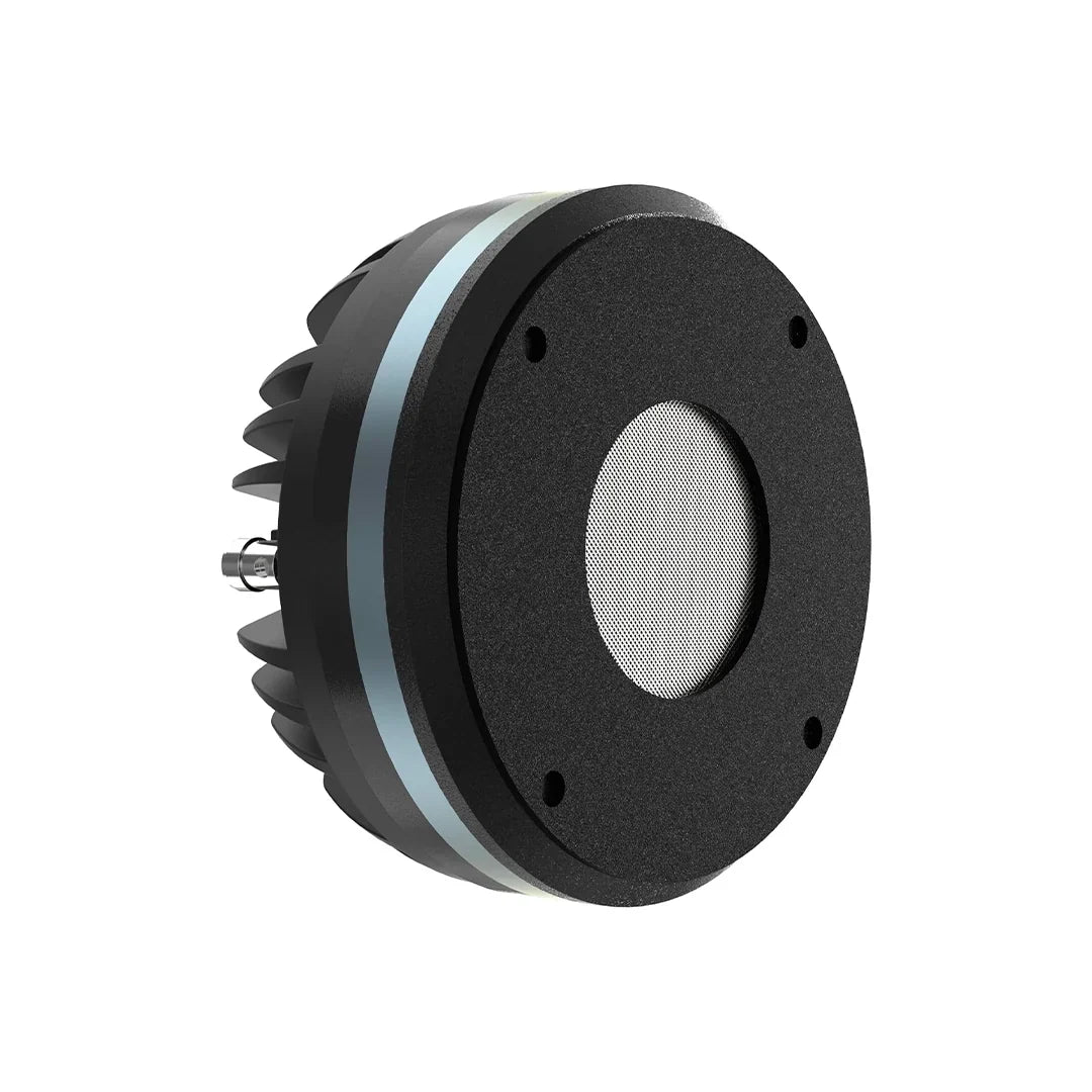 3-inch black compression driver speaker with side cooling fins and mesh center