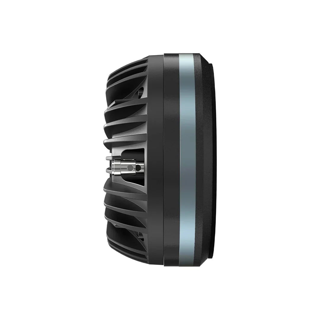 3-inch black compression driver from side view with blue ring detail and terminals