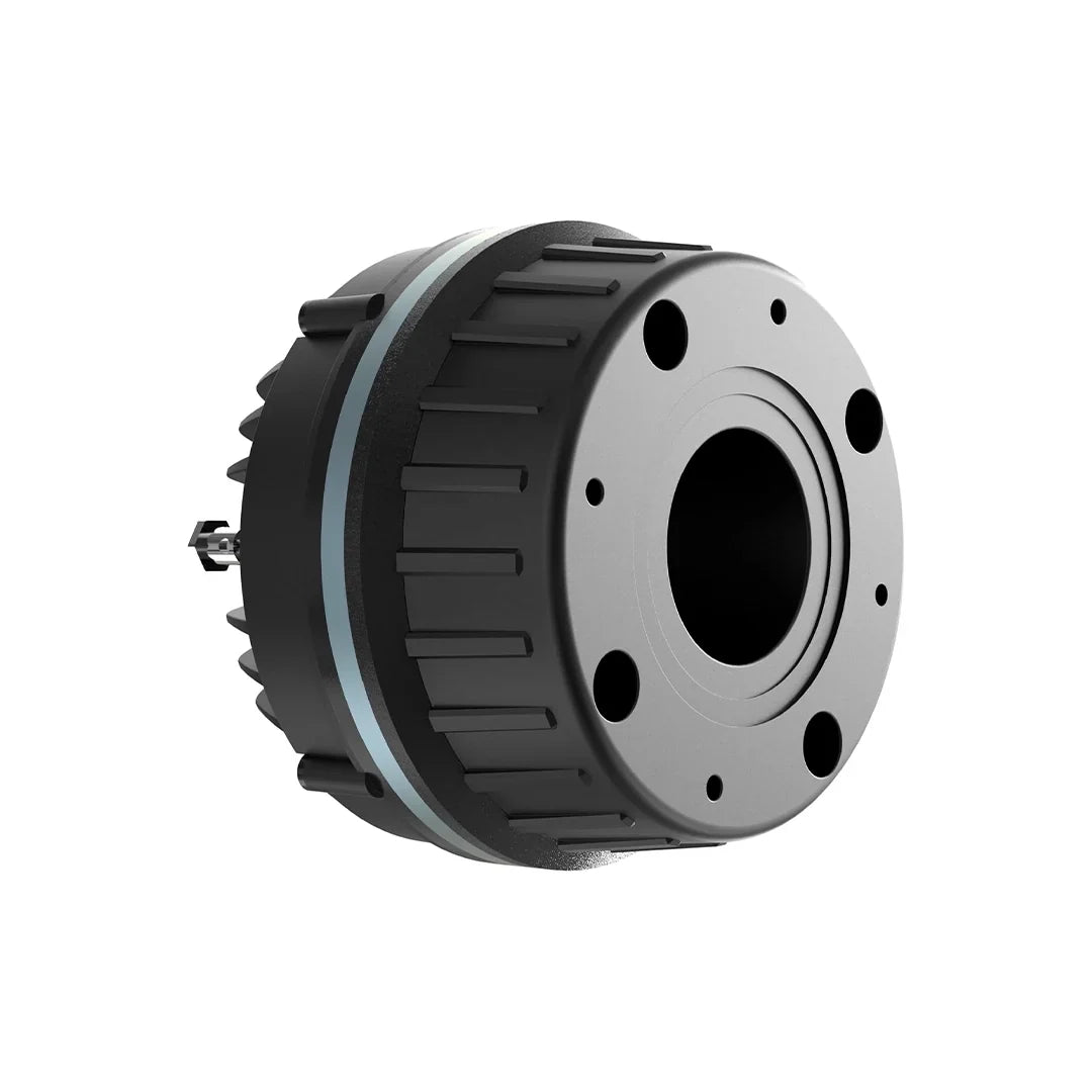 Black and silver compression driver with mounting flange and connector terminals