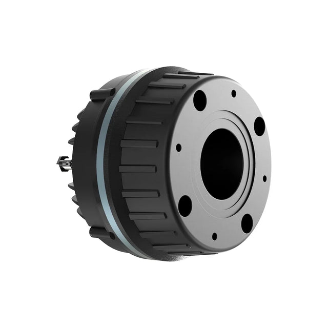 Black and silver compression driver with mounting flange and connector terminals