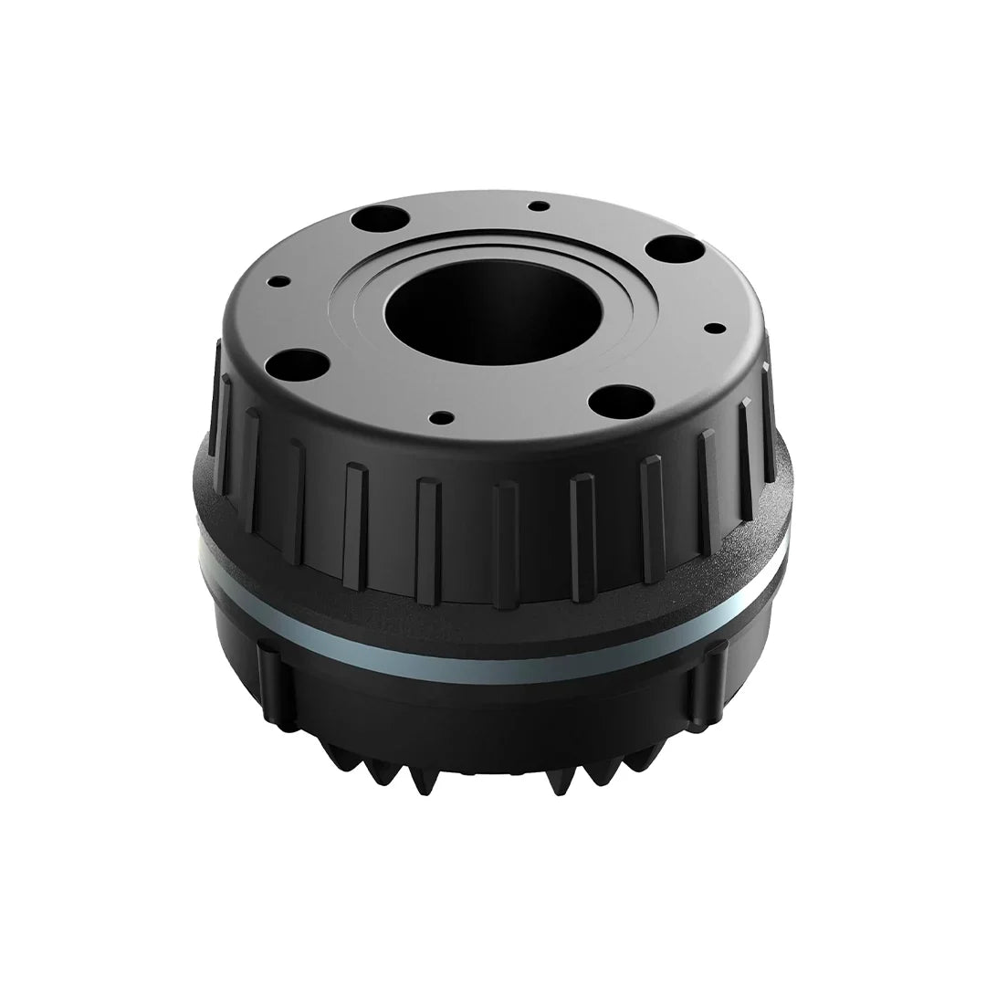 Silver compression driver rear faceplate with central opening and mounting holes