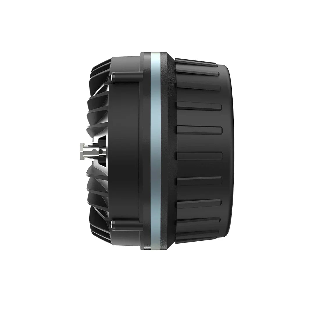 Black compression driver side view with blue ring and radial cooling fins