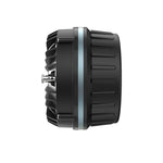 Black compression driver side view with blue ring and radial cooling fins