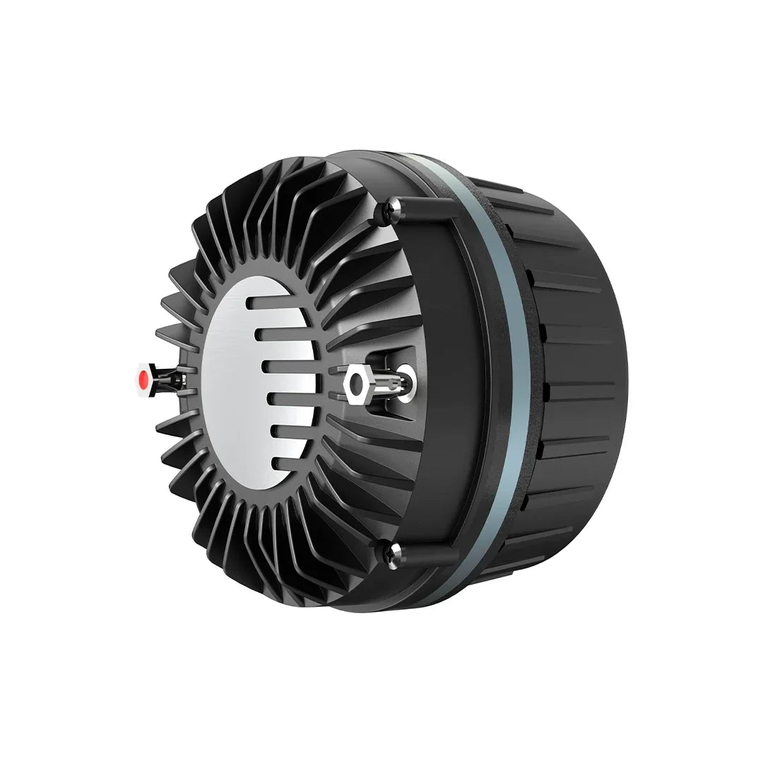 Black compression driver with circular horn opening and metal cooling fins