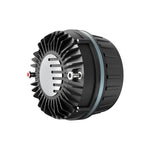 Black compression driver with circular horn opening and metal cooling fins