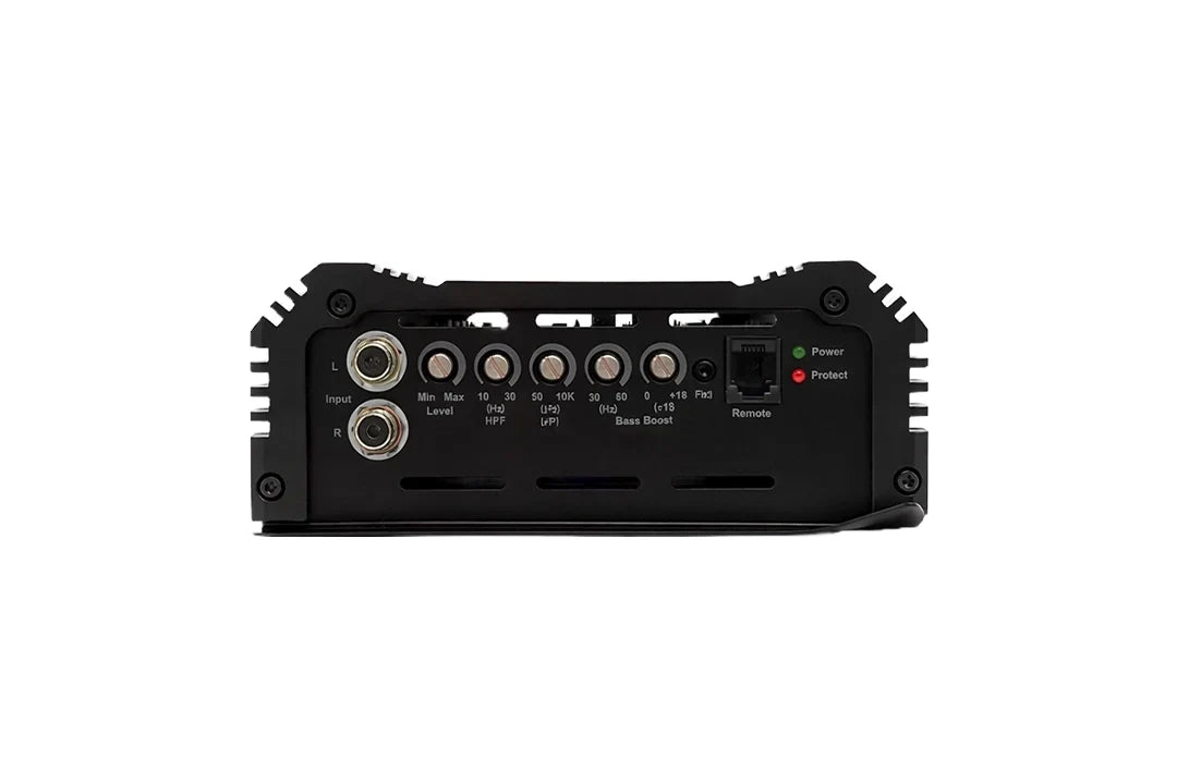 Rear panel of black class-D monoblock amplifier with input and control labels