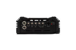 Rear panel of black class-D monoblock amplifier with input and control labels