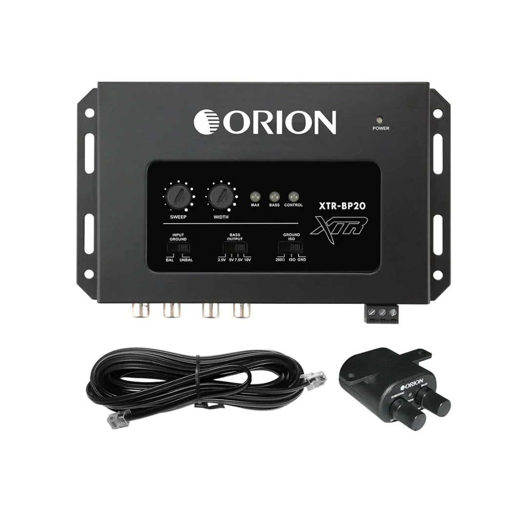 Orion XTR-BP20 bass processor with front panel controls, included cable and remote