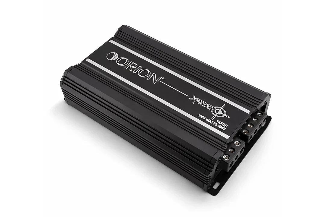 Black class-D monoblock amplifier with Orion logo and connection ports