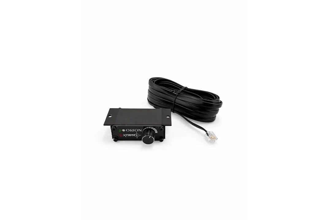Compact black Orion monoblock amplifier and included power cable
