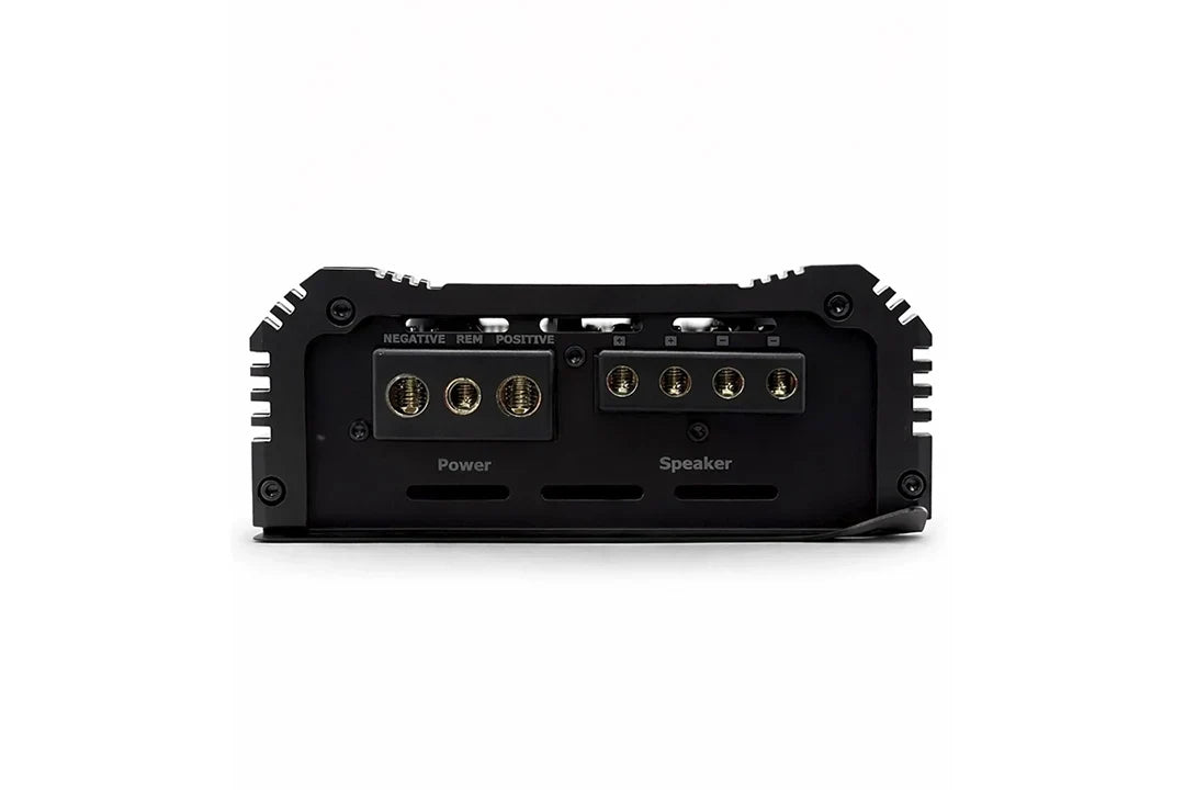 Rear speaker terminals and power connections on black class-D monoblock amplifier