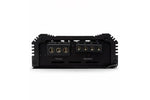 Rear speaker terminals and power connections on black class-D monoblock amplifier