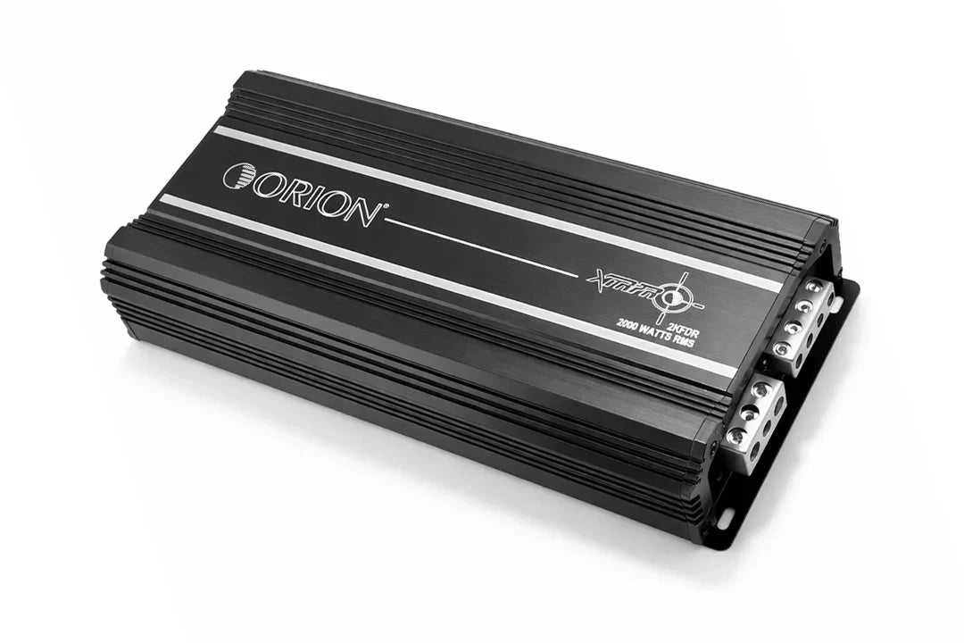 Orion XTRPRO2K monoblock amplifier angled view, black metal case and side ports