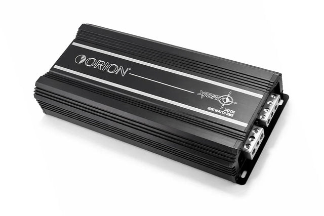 Orion XTRPRO2K monoblock amplifier angled view, black metal case and side ports