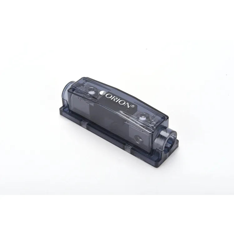 Dark gray fuse holder with clear cover and mounting holes