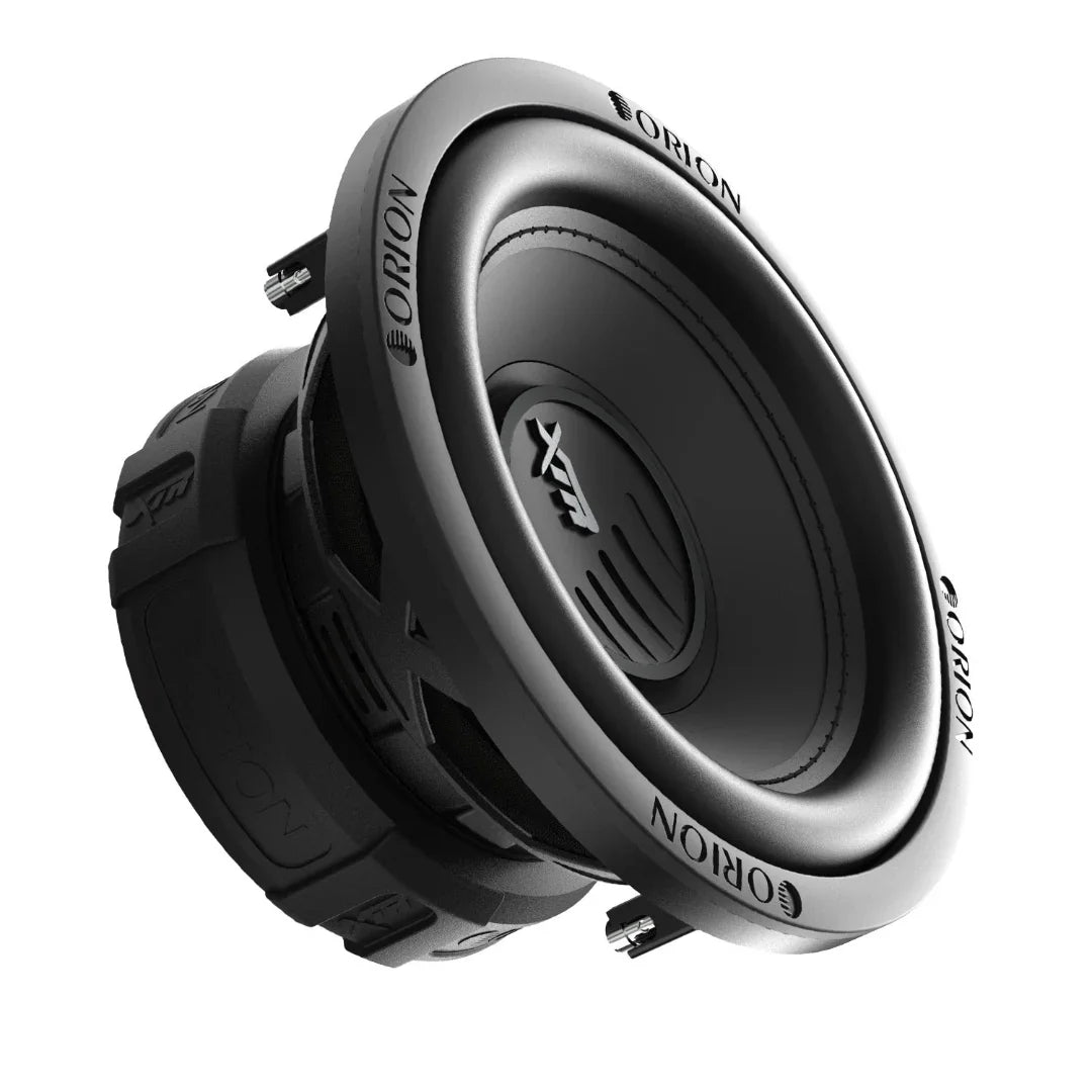 8-inch Orion subwoofer angled view with silver surround, XTR logo and terminal leads