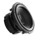 Black 8-inch DVC subwoofer angled view with XTR dust cap and terminals