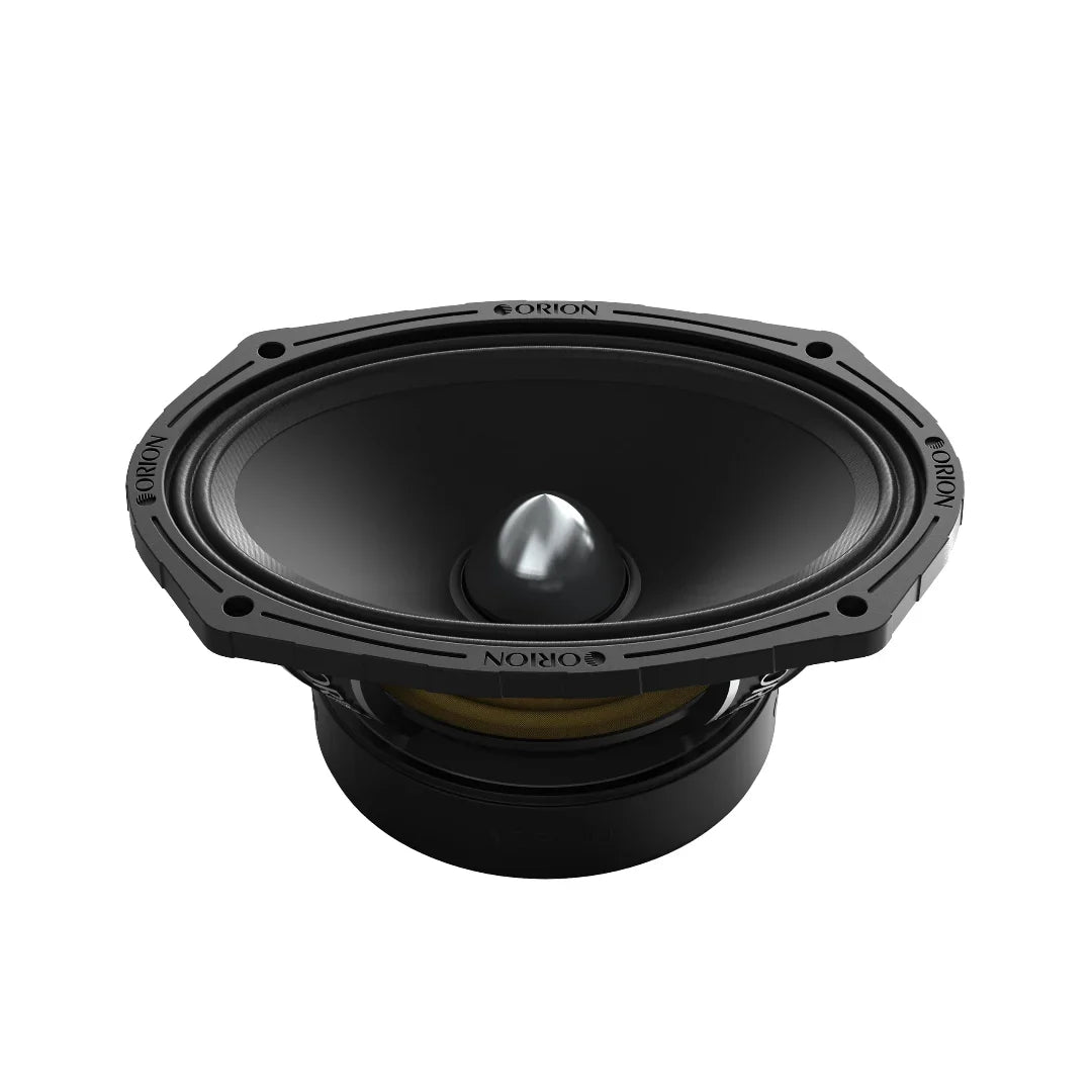 Black 6x9 in midrange speaker driver angled view with visible cone