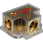 Metal power distribution block with gold screw terminals and two stud connections