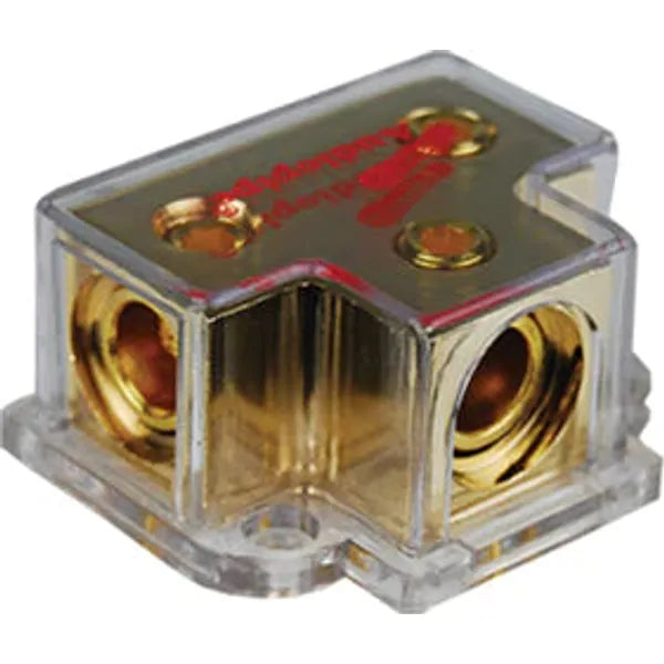 Metal power distribution block with gold screw terminals and two stud connections