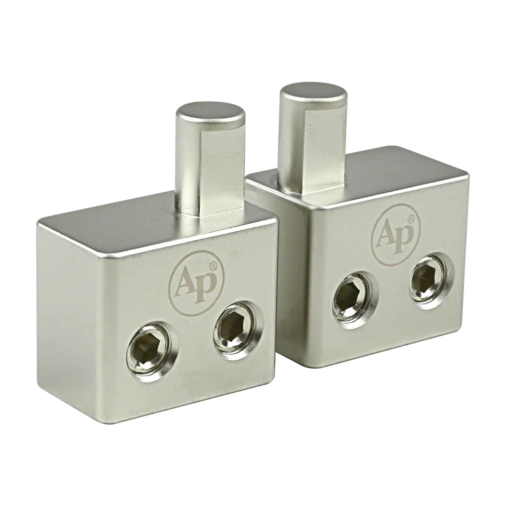 Audiopipe amp input reducer with offset stubs, twin threaded ports on silver blocks