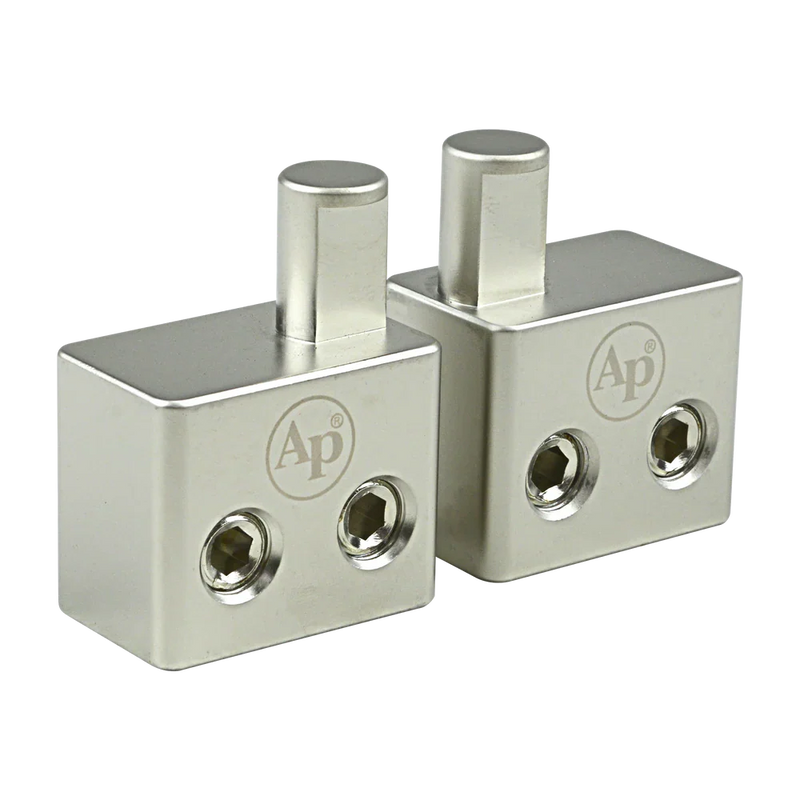Audiopipe amp input reducer with offset stubs, twin threaded ports on silver blocks