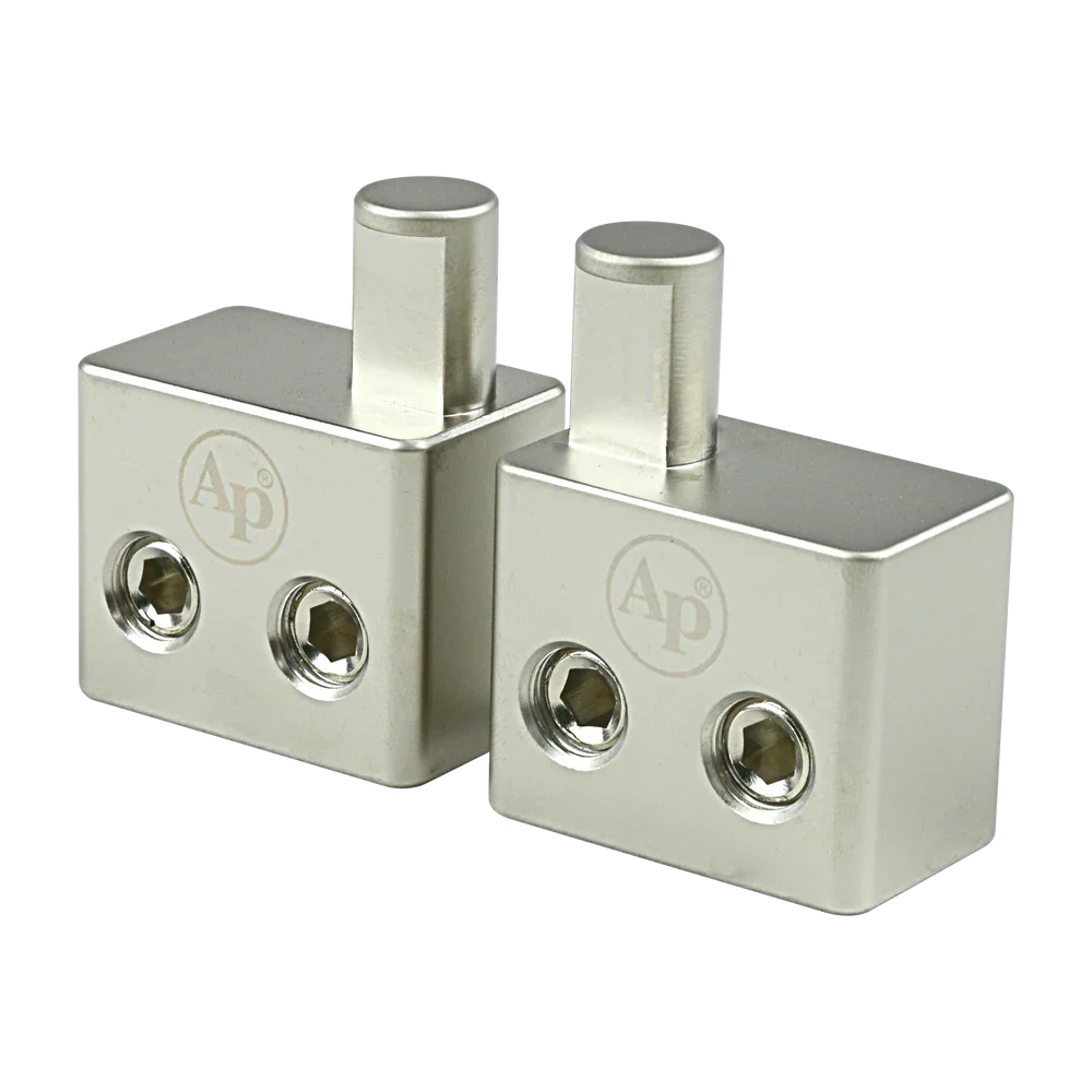 Audiopipe amp input reducer pair, silver metal blocks with two threaded openings