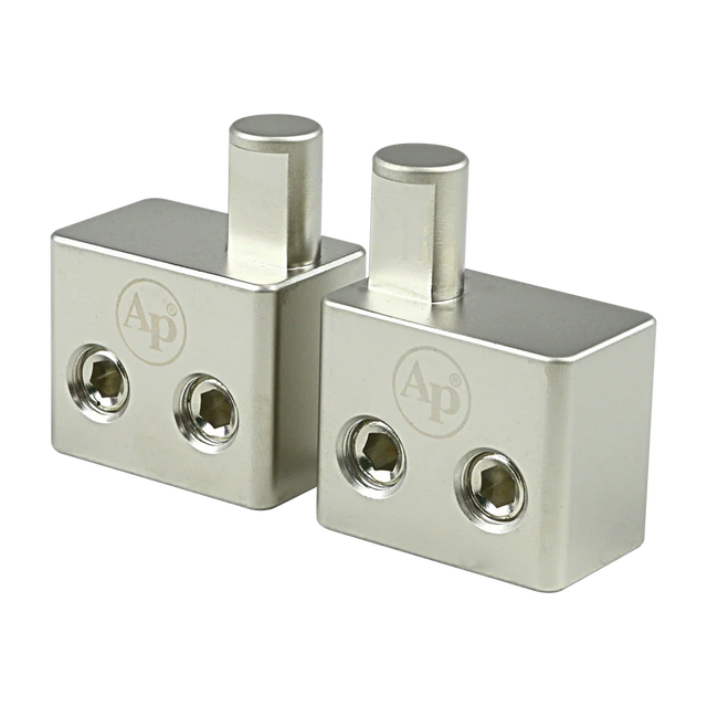 Audiopipe amp input reducer pair, silver metal blocks with two threaded openings