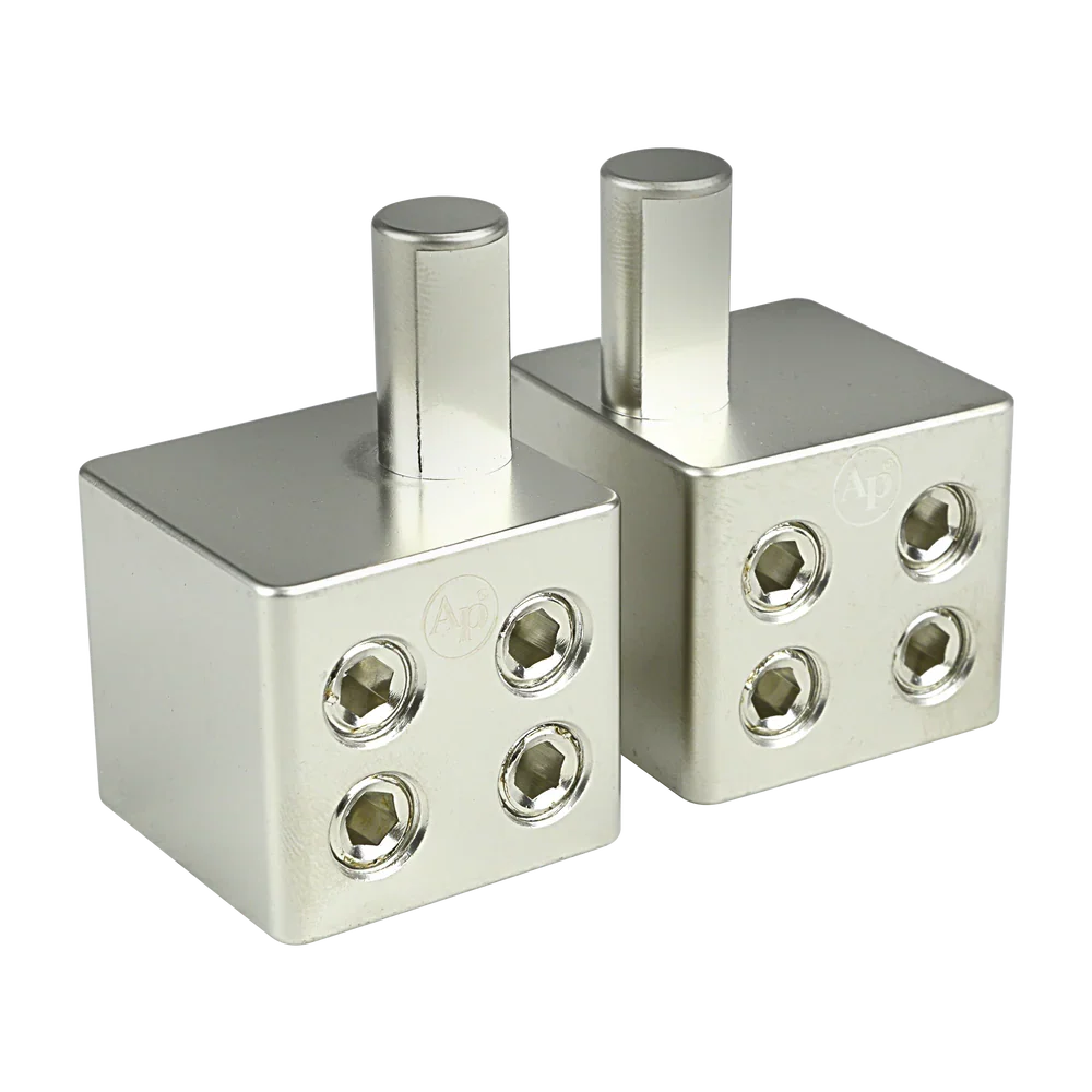 Audiopipe PB-P108 amp input reducer with offset stub, two metal blocks, six threaded ports