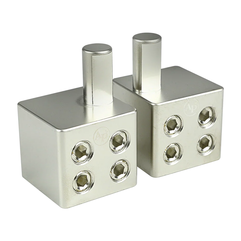 Audiopipe PB-P108 amp input reducer with offset stub, two metal blocks, six threaded ports