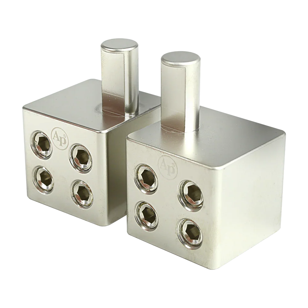 Metal amp input reducer with offset stub, two connector blocks with multiple threaded bolt ports