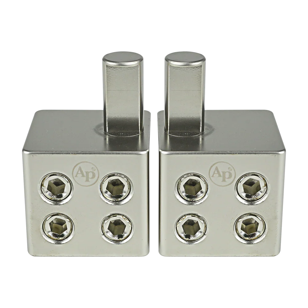 Metal amp input reducer, two square blocks with four bolt ports each and two stubs