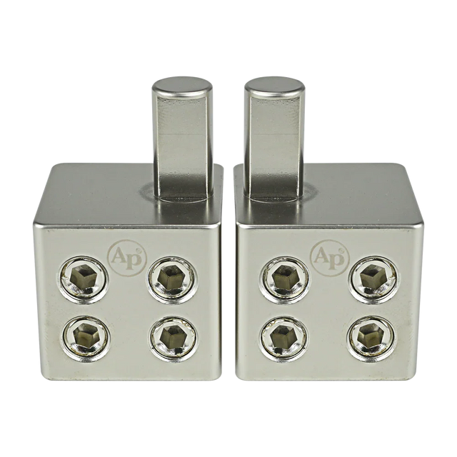 Metal amp input reducer, two square blocks with four bolt ports each and two stubs