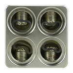 Close-up of threaded bolt ports on metal amp input reducer, four openings in plate