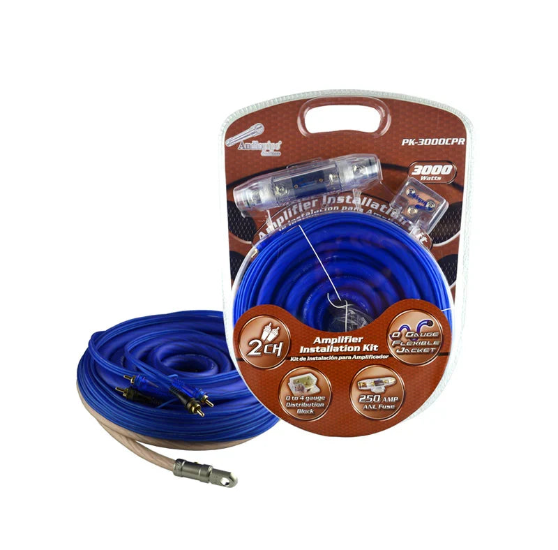 Audiopipe 0 gauge amplifier wiring kit with blue OFC copper cable and ring terminal