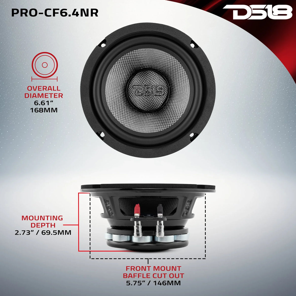 DS18 PRO-CF6.4NR 6.5" 250W RMS Neodymium Carbon Fiber Water Resistant Cone Midbass Speaker (Single)