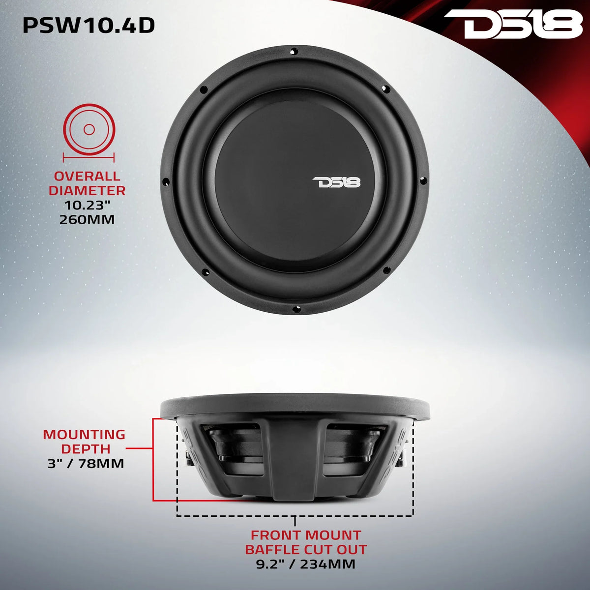 DS18 PSW10.4D 10" 500W RMS Water Resistant Shallow Subwoofer DVC