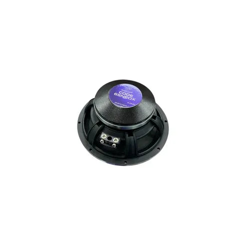Round black speaker driver with mounting bracket and terminal connections